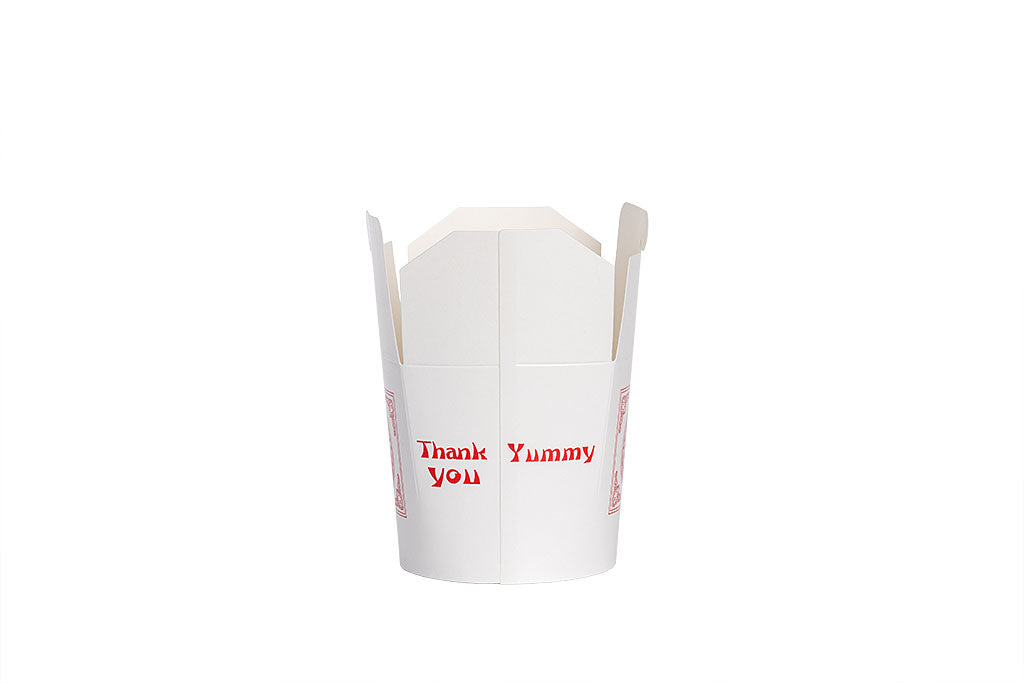 Asiabox, Snackbox, Pappe, weiß, bedruckt, 770 ml, 26 oz, 92 mm x 92 mm x 94 mm