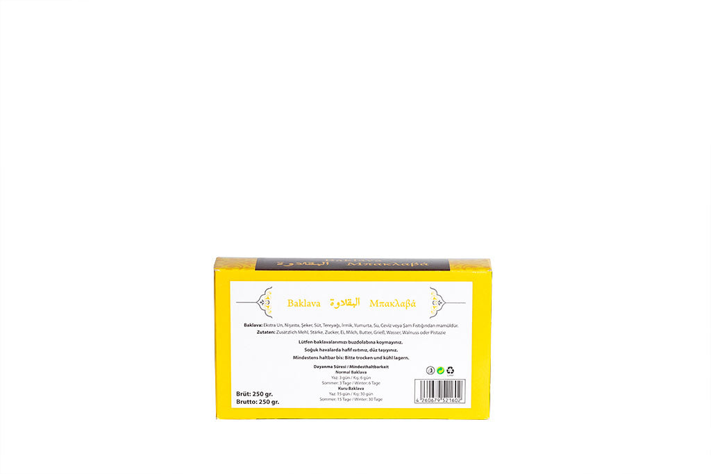 Baklava Karton, Faltschachtel, bedruckt, beschichtet, für ca. 250g Inhalt, 182 x 100 x 40 mm