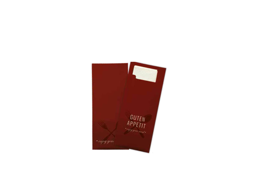 Bestecktasche, "Guten Appetit", bordeaux, Serviette, weiss, 33 x 33 cm, 2-lagig