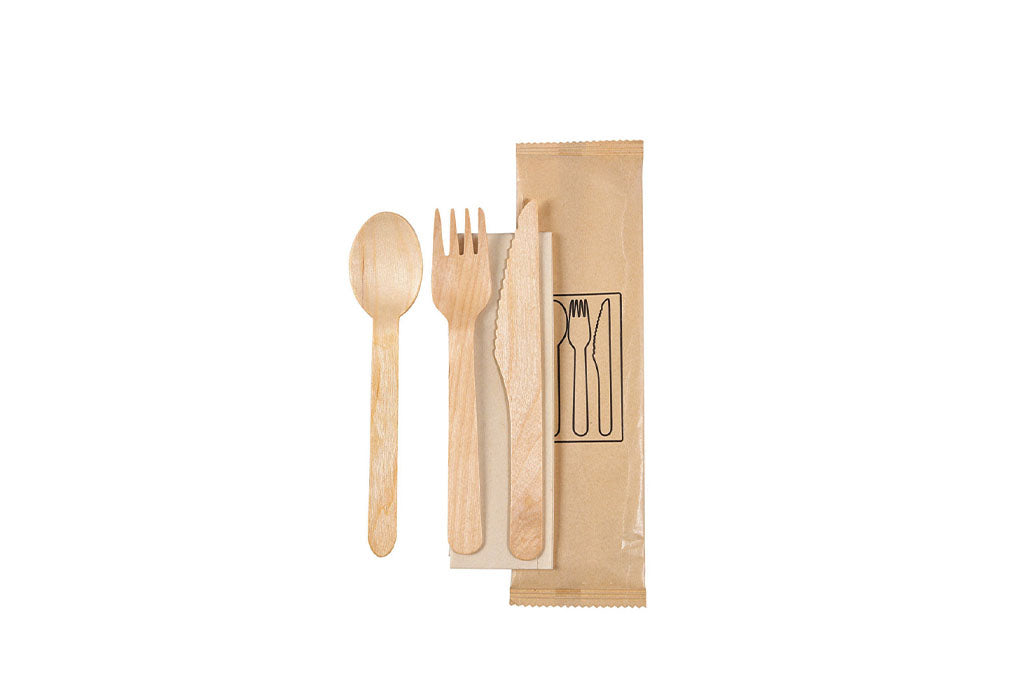 BioPak, Messer, Gabel, Löffel, braune Serviette, FSC™-zertifiziertes Birkenholz, 16 x 16,5 x 16 cm