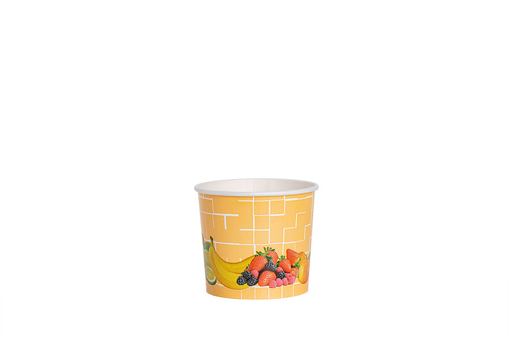 Eisbecher, bedruckt, Früchte Motiv, gelb, 250 ml, Höhe 68 mm, Ø 81 mm