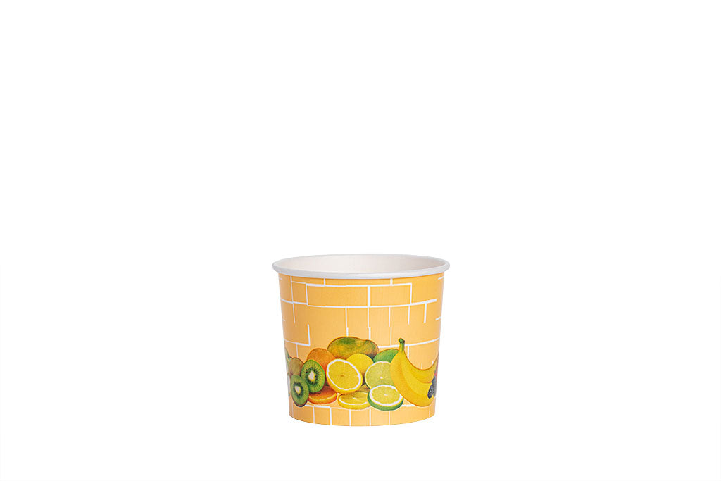 Eisbecher, bedruckt, Früchte Motiv, gelb, 250 ml, Höhe 68 mm, Ø 81 mm