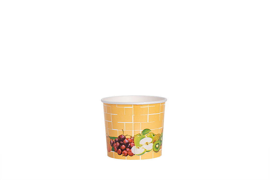 Eisbecher, bedruckt, Früchte Motiv, gelb, 250 ml, Höhe 68 mm, Ø 81 mm