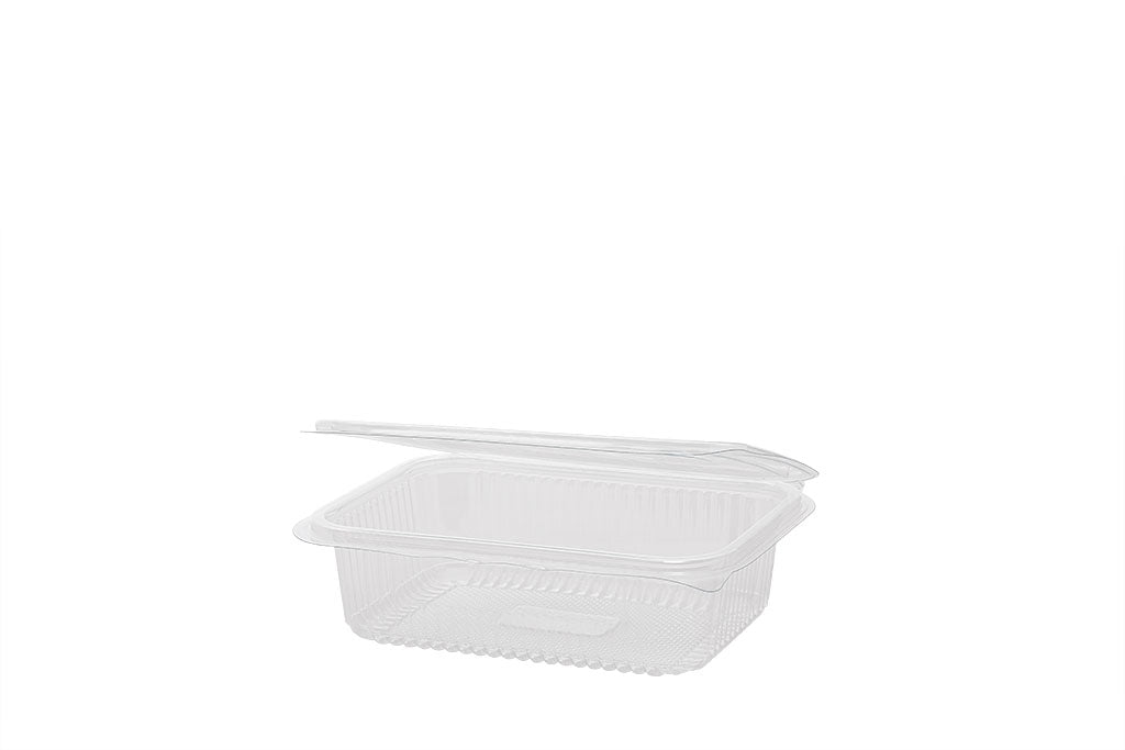 Feinkostbecher, Salatschale, Klappschale, angehängter Deckel, transparent, 750 ml, rechteckig, 16,5 x 11,5 x 5 cm