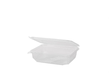 Feinkostbecher, Salatschale, Klappschale, angehängter Deckel, transparent, 750 ml, rechteckig, 16,5 x 13,5 x 4,5 cm