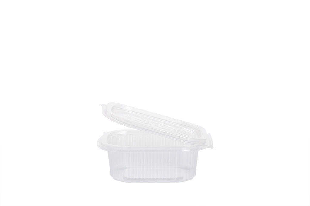 Feinkostbecher mit angehängtem Deckel, "Ripboxx 250", transparent, 250 ml, rechteckig, 12,7 x 10,8 cm, Höhe 4,4 cm