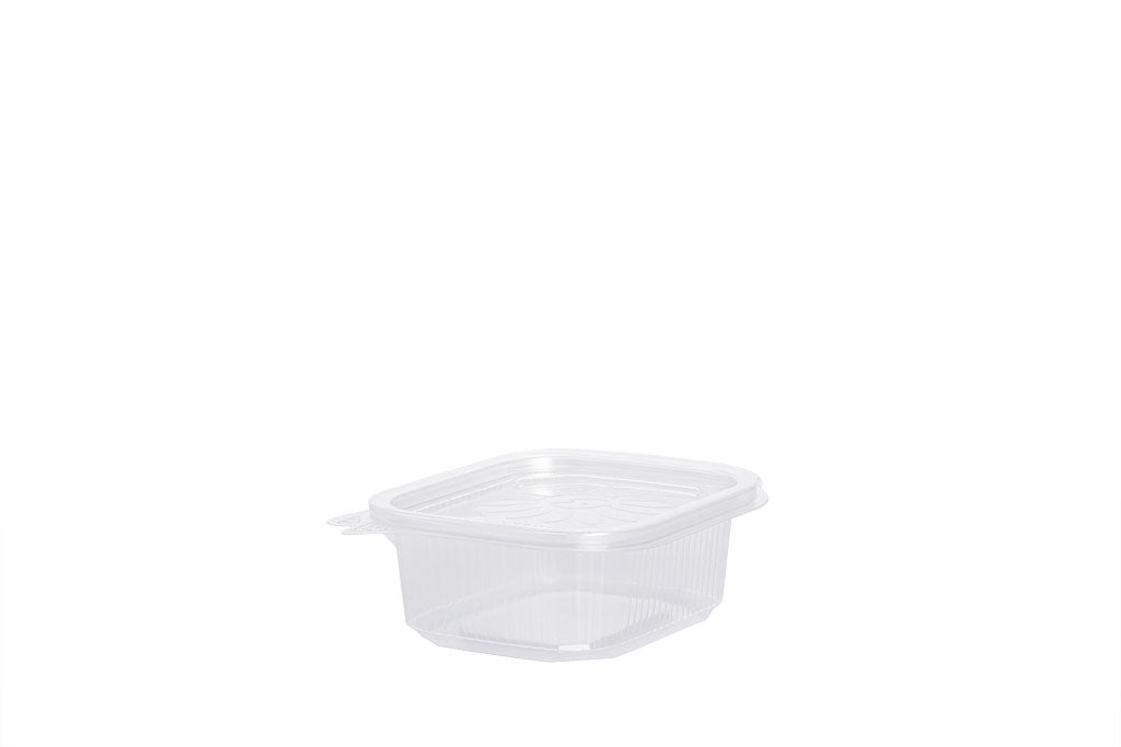 Feinkostbecher mit angehängtem Deckel, "Ripboxx 250", transparent, 250 ml, rechteckig, 12,7 x 10,8 cm, Höhe 4,4 cm
