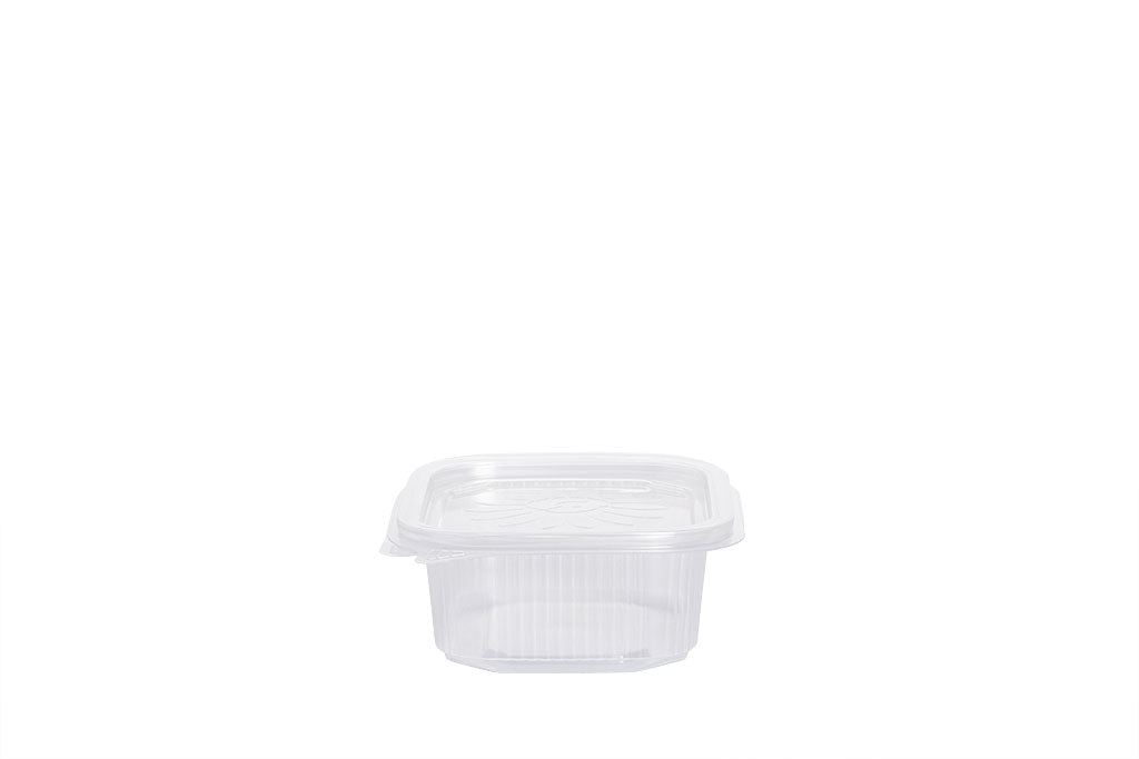 Feinkostbecher mit angehängtem Deckel, "Ripboxx 250", transparent, 250 ml, rechteckig, 12,7 x 10,8 cm, Höhe 4,4 cm