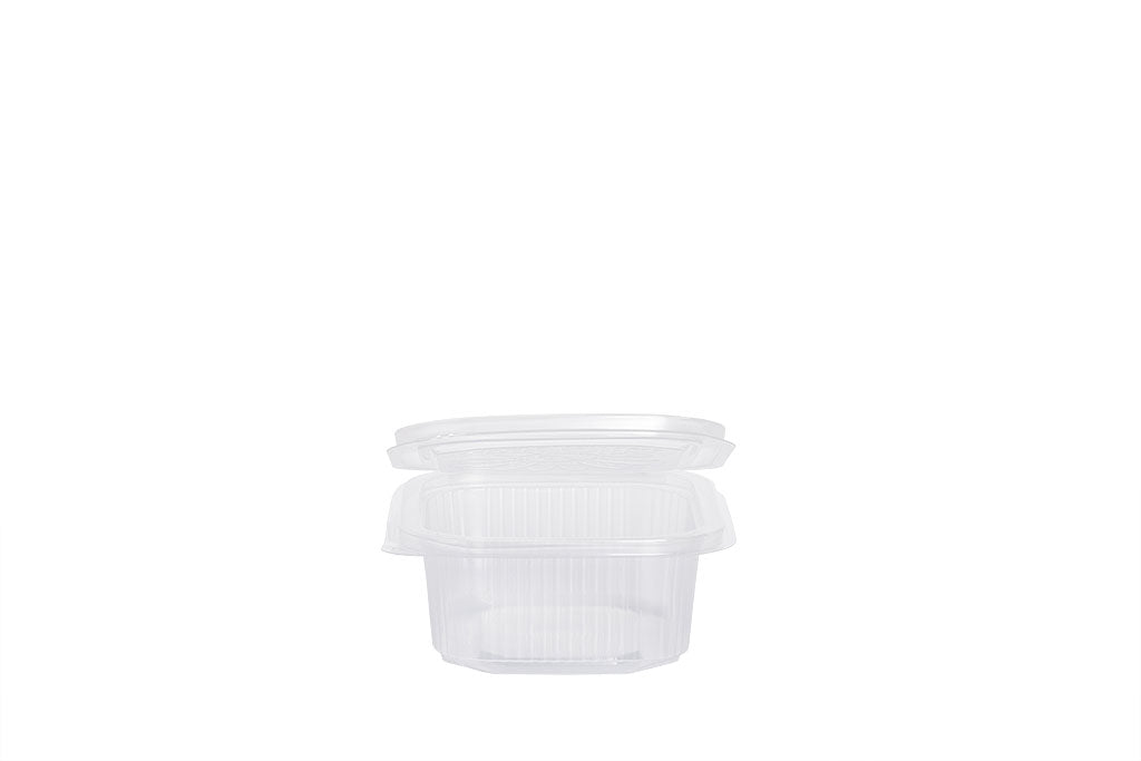 Feinkostbecher mit angehängtem Deckel, "Ripboxx 250", transparent, 250 ml, rechteckig, 12,7 x 10,8 cm, Höhe 4,4 cm