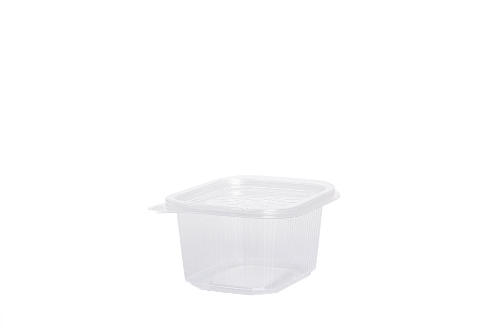 Feinkostbecher mit angehängtem Deckel, "Ripboxx 375", transparent, 375 ml, rechteckig, 12,7 x 10,8 cm, Höhe 6,3 cm