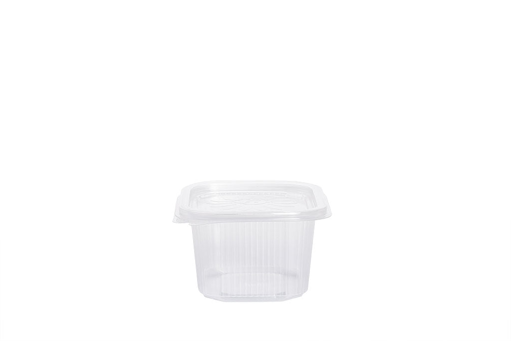 Feinkostbecher mit angehängtem Deckel, "Ripboxx 375", transparent, 375 ml, rechteckig, 12,7 x 10,8 cm, Höhe 6,3 cm