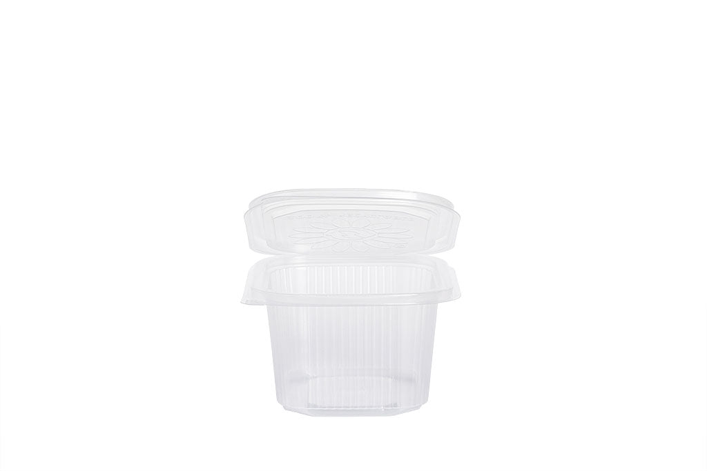 Feinkostbecher mit angehängtem Deckel, "Ripboxx 375", transparent, 375 ml, rechteckig, 12,7 x 10,8 cm, Höhe 6,3 cm