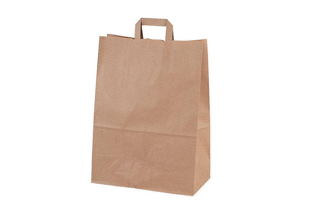 Das Bild zeigt eine Papiertragetasche in einer leicht schrägen Seitenansicht vertrieben von der Malik Verpackungen GmbH Hanau. Die Papier-Tragetasche ist in braun und unbedruckt. Die Größe der Papiertragetasche ist 32x17x44cm. Fotograf: Detlev Steinhilber (detis.pix)