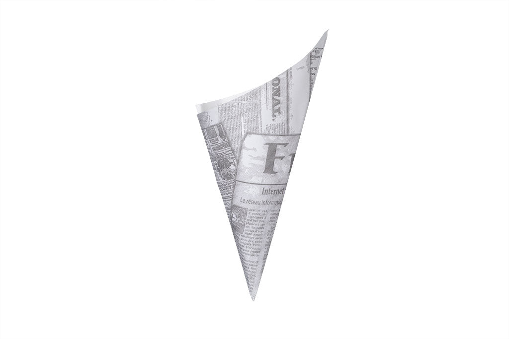 Pommes-, Snack-Tüte, News-, Zeitungs-Druck, weiß, dreieckig, Spitztüte 19, 27 x 19 cm