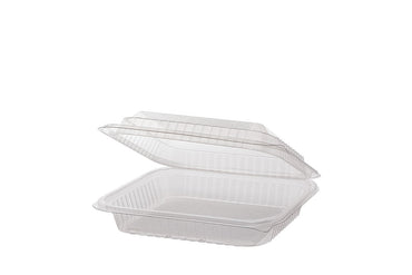 Salatschale flach, Klappschale, angehängter Deckel, transparent, rechteckig, 19,5 x 22 x 6,5 cm