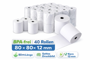 Thermorollen für die Kasse 80x80x12mm 40 Rollen im Karton