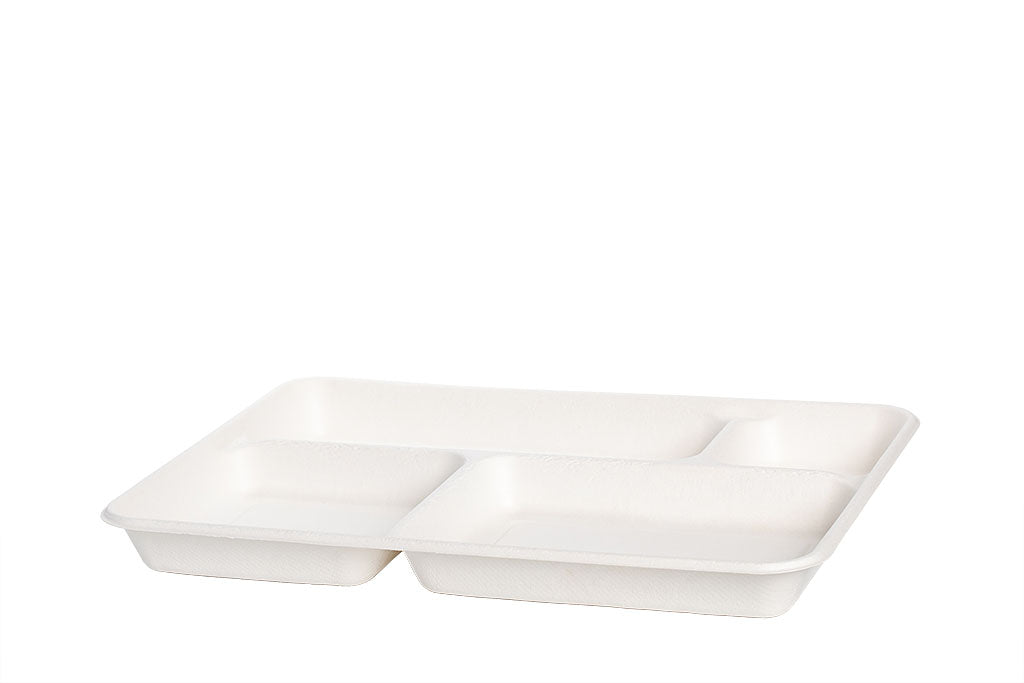 Bio Menü-Schale, Tablett, aus Zuckerrohr Bagasse, 4-geteilt, weiß, 37 x 27 x 3,5 cm