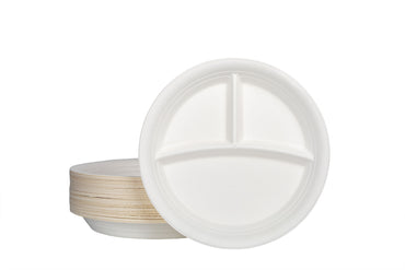 Bio Teller, aus Zuckerrohr Bagasse, 3-geteilt, weiß, Tiefe 2,6 cm, ⌀22,5 cm