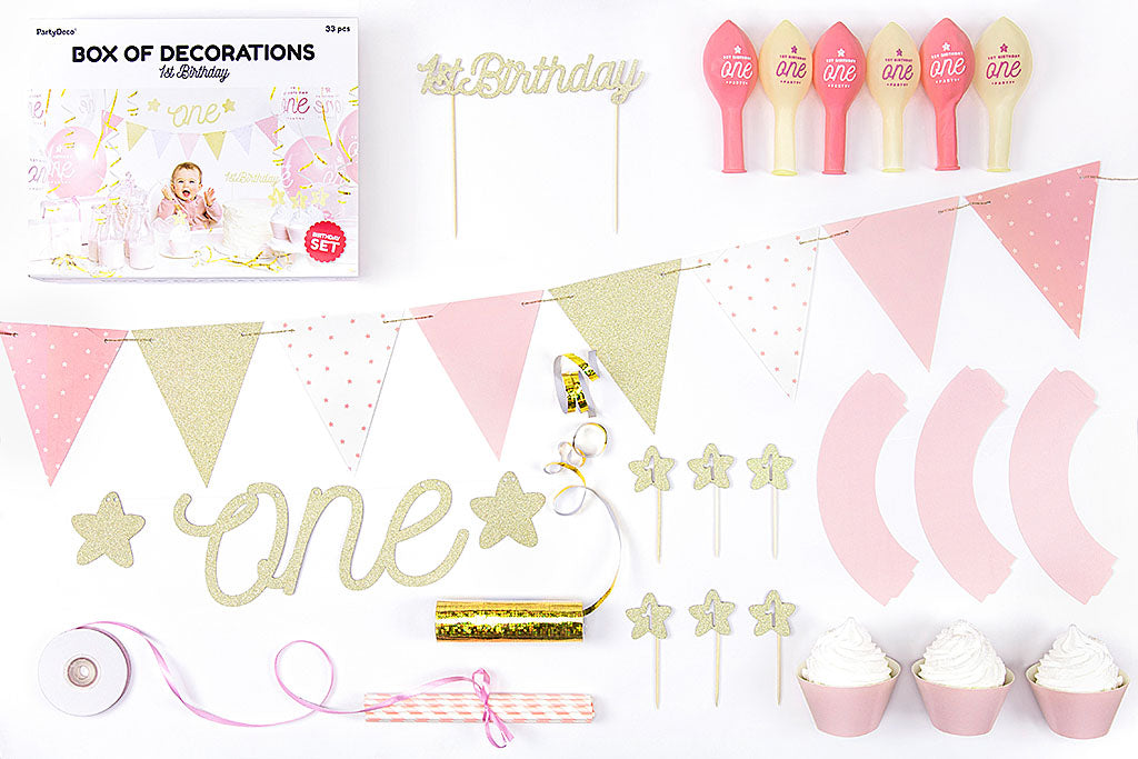 Deko-Set, 1. Geburtstag, 1st. Birthday, Mädchen, rosa / gold, 33 Teile