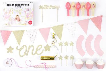 Deko-Set, 1. Geburtstag, 1st. Birthday, Mädchen, rosa / gold, 33 Teile