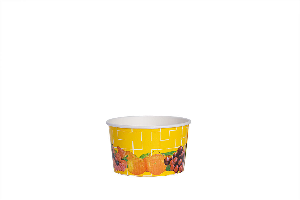 Eisbecher, bedruckt, Früchte Motiv, gelb, 260 ml, Höhe 57 mm, Ø 92 mm