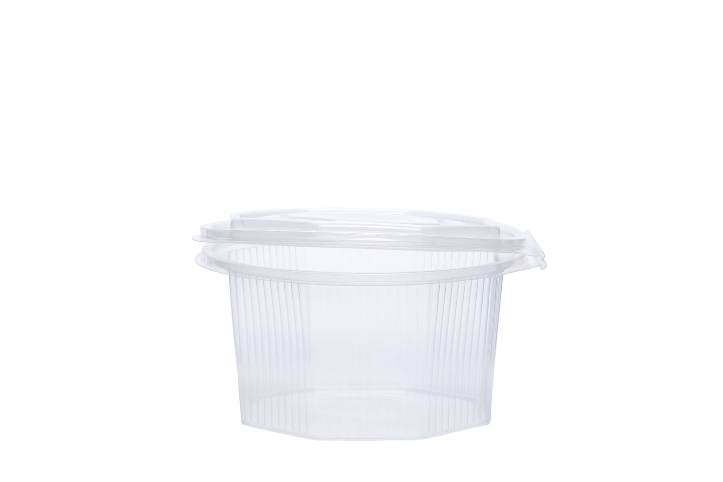 Feinkostbecher mit angehängtem Deckel, transparent, 1000 ml, 8-eckig, ⌀ 15,5 cm, Höhe 8 cm