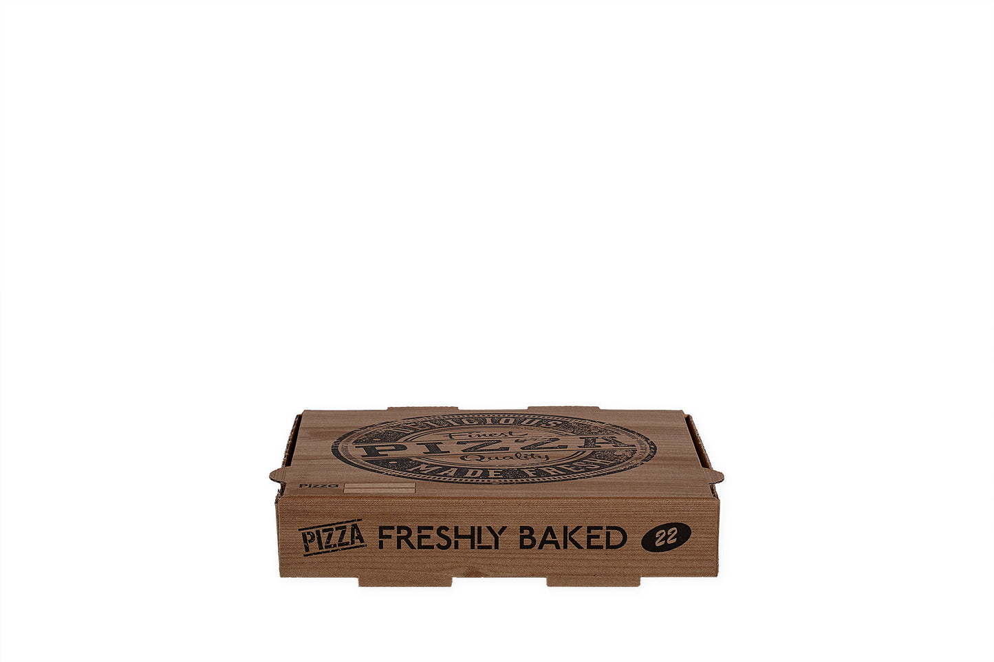 Auf dem Bild ist ein brauner 22er Pizzakarton in der Größe 22 x 22 x 4cm von vorne zu sehen. Aufgedruckt ist ein Logo welches einem Stempelabdruck ähnelt mit dem Text: "Finest Pizza Quality, Delicious Made Fresh". Vertrieben durch die Malik Verpackungen GmbH Hanau