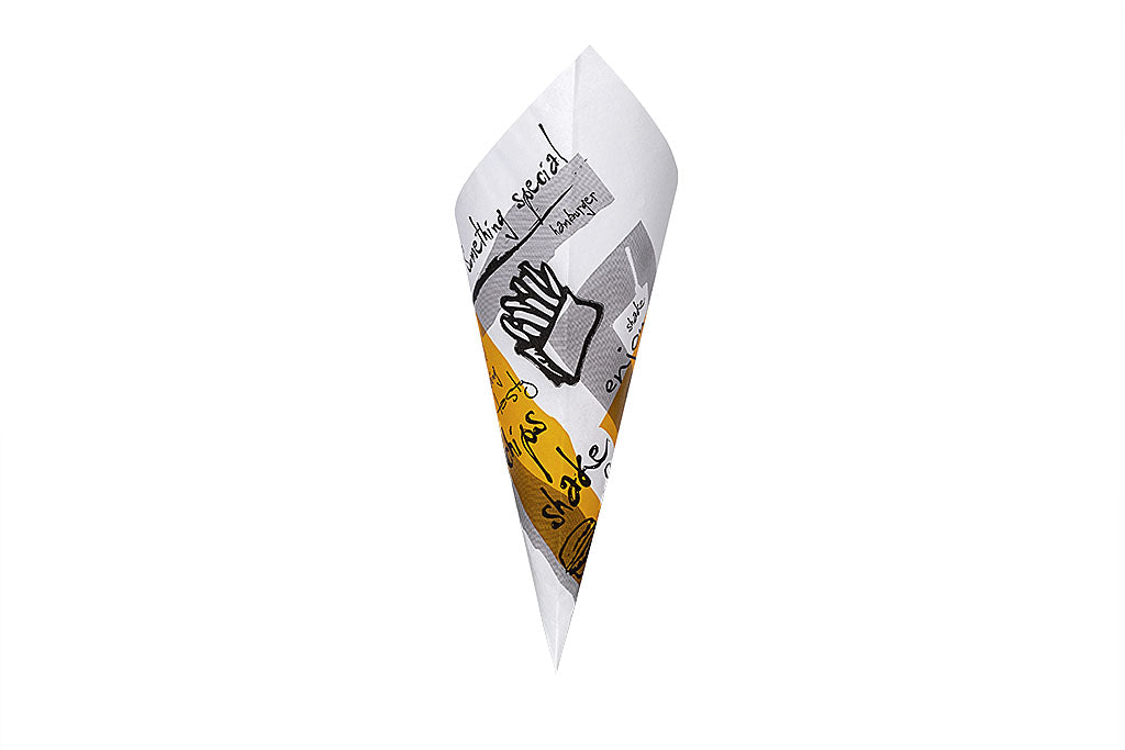 Pommes-, Snack-Tüte, bedruckt, weiß, dreieckig, Spitztüte 21, 30 x 21 cm