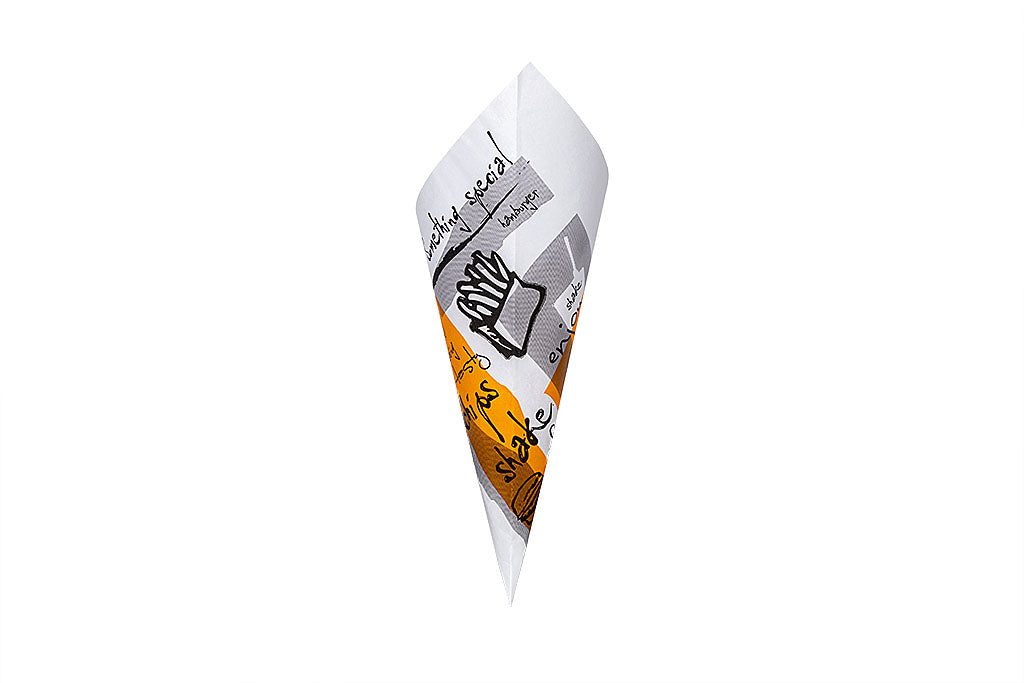 Pommes-, Snack-Tüte, bedruckt, weiß, dreieckig, Spitztüte 19, 26 x 19cm