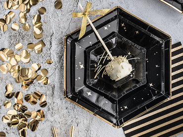 Teller, Pappe, schwarz, Goldkante, ohne Druck, sechseckig, Ø 23 cm