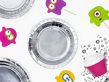 Teller, Pappe, silber, glänzend, ohne Druck, Ø 18 cm