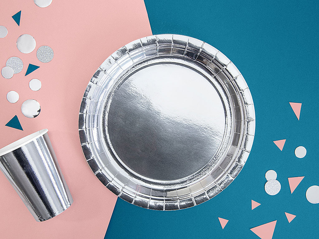 Teller, Pappe, silber, glänzend, ohne Druck, Ø 23 cm