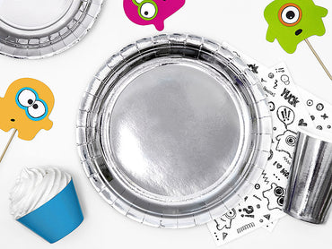 Teller, Pappe, silber, glänzend, ohne Druck, Ø 23 cm