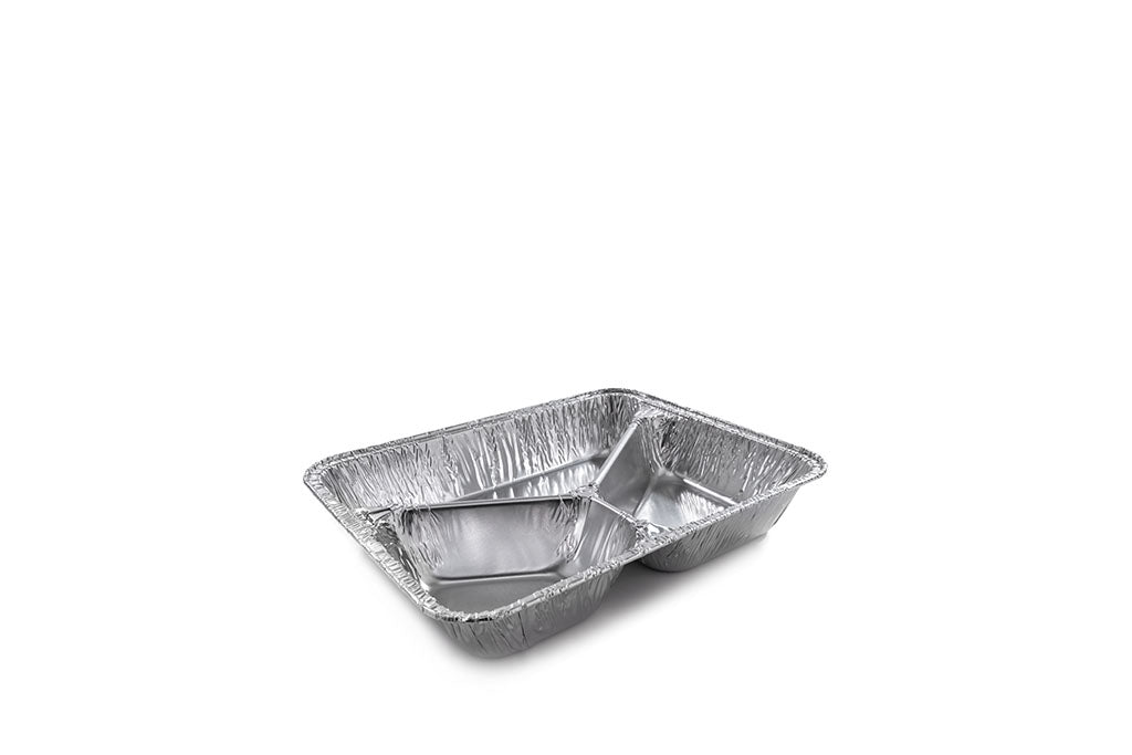 Aluschale, Alu-Menüschale, 3-geteilt, abstehender gerollter Rand, 280+200+480 ml, 227 x 177 x 39 mm, Typ R819G
