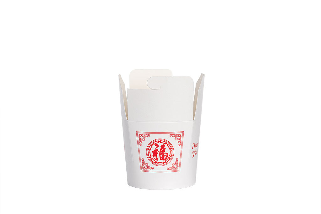 Asiabox, Snackbox, Pappe, weiß, bedruckt, 770 ml, 26 oz, 92 mm x 92 mm x 94 mm