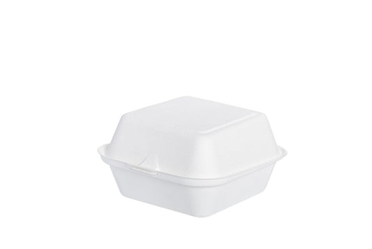 Bio Hamburger-Box groß, IP 6, aus Bagasse, weiß, 15 x 15,3 x 8,4 cm