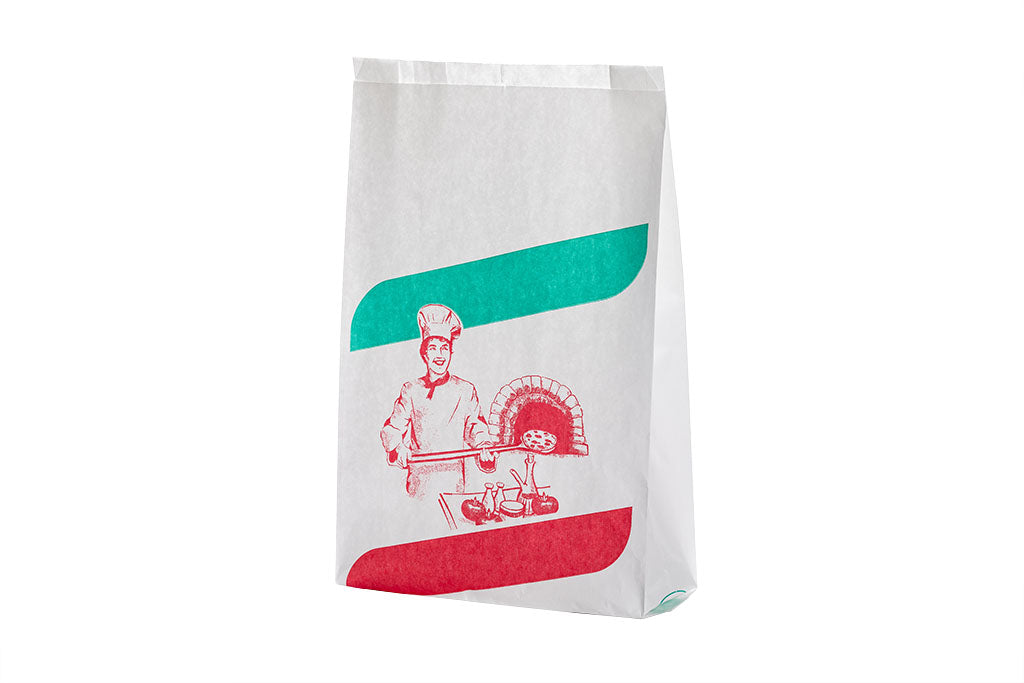 Das Bild zeigt einen cremig weißen Faltenbeutel für Pizzabrötchen vonm Typ 5 mit den Maßen 20 + 7 x 32cm in einer seitlichen Ansicht. Aufgedruckt ist die Grafik eines Pizzabäckers vor einem Ofen. Verziert ist das Bild mit einem roten- und grünen Streifen. Vertrieben durch die Malik Verpackungen GmbH Hanau
