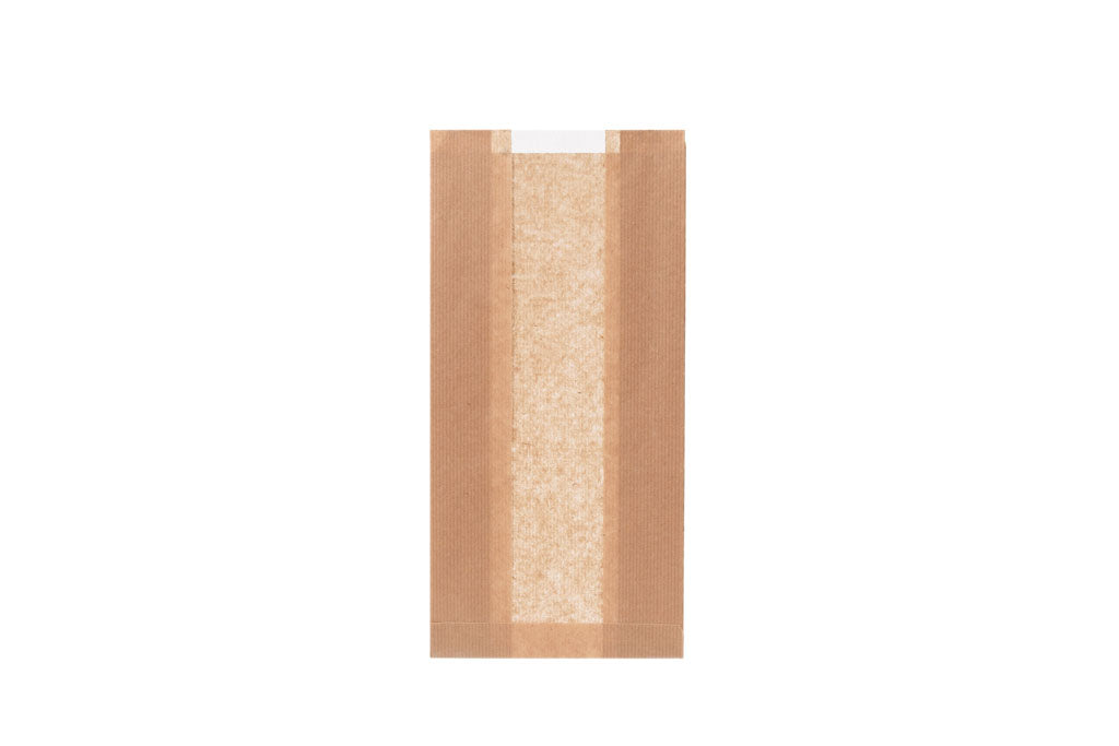 Faltenbeutel, Bäckerfaltenbeutel, braun, unbedruckt, mit Sichtfenster, Typ 427, 16 + 8 x 32 cm