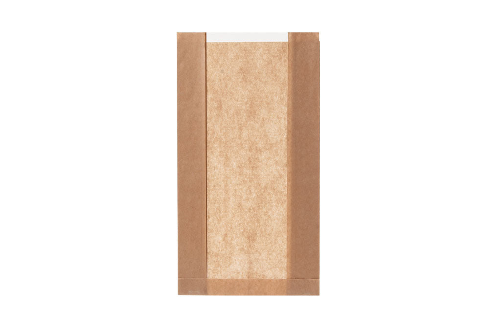 Faltenbeutel, Bäckerfaltenbeutel, braun, unbedruckt, mit Sichtfenster, Typ 433, 20 + 9 x 36 cm