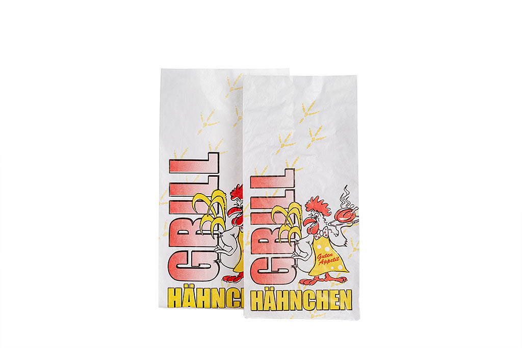 Hähnchen Warmhaltebeutel "Gockel", 2-lagig, bedruckt, Aluminiumfrei, PE-Einlage, 10,5 x 5,5 x 24 cm, Größe 1/2