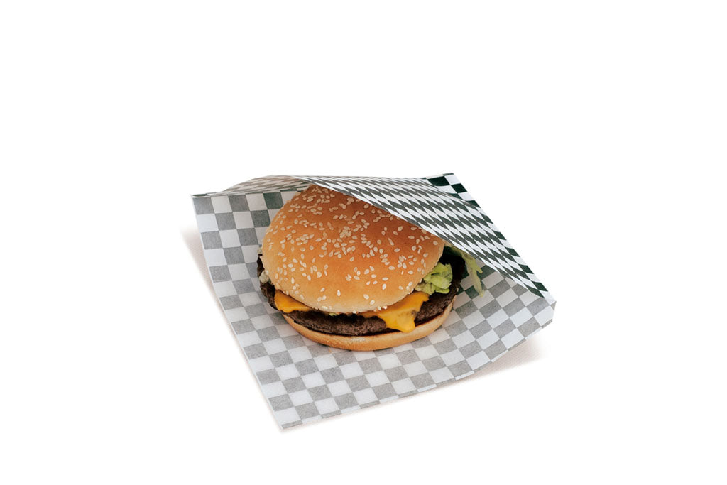 Hamburgertasche, Burger-Beutel, Snacktasche, fettabweisend, schwarz/weiß kariert, 17 x 18 cm