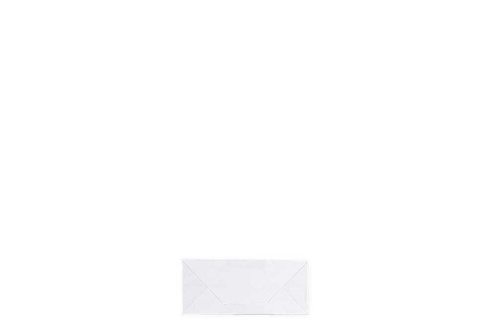 Das Bild zeigt die Bodenansicht einer Papiertragetasche vertrieben von der Malik Verpackungen GmbH Hanau. Die Papier-Tragetasche ist in weiß und unbedruckt. Die Größe der Papiertragetasche ist 22x10x28cm. Fotograf: Detlev Steinhilber (detis.pix)