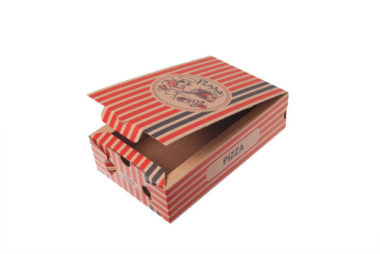 Das Bild zeigt einen braunen 27er Calzone Pizzakarton in der Größe 27 x 17 x 7cm in einer schrägen Draufsicht. Aufgedruckt ist ein Logo mit der Grafik eines Pizzabäckers vor einem Holzbackofen und dem Text: "Pizza". Verziert ist die Calzone Pizzabox mit vielen schmalen roten und einigen grünen Längsstreifen. Vertrieben durch die Malik Verpackungen GmbH Hanau