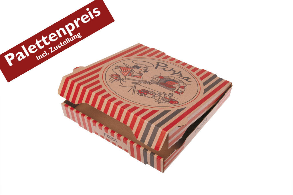 Das Bild zeigt den selben 46er Pizzakarton "Pizzabäcker" wie das vorherige Bild jedoch mit einem zusätzlichen Schriftzug: "Palettenpreis incl. Zustellung"