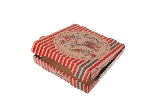 Das Bild zeigt einen braunen 50er Pizzakarton in der Größe 50 x 50 x 4cm in einer schrägen Draufsicht. Aufgedruckt ist ein Logo mit der Grafik eines Pizzabäckers vor einem Holzbackofen und dem Text: "Pizza". Verziert ist die Pizzabox mit vielen schmalen roten und einigen grünen Längsstreifen. Vertrieben durch die Malik Verpackungen GmbH Hanau