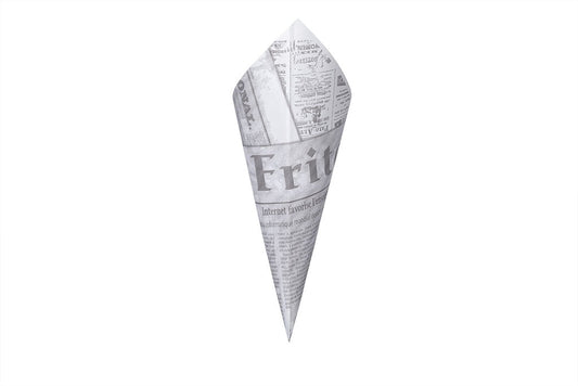 Pommes-, Snack-Tüte, News-, Zeitungs-Druck, weiß, dreieckig, Spitztüte 19, 27 x 19 cm