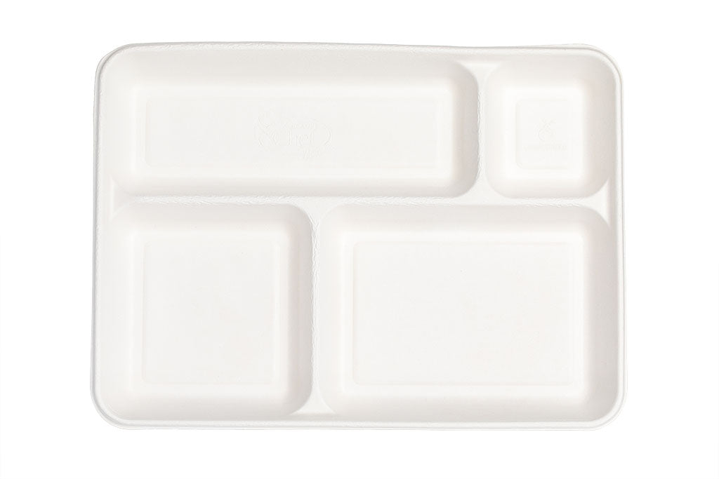 Bio Menü-Schale, Tablett, aus Zuckerrohr Bagasse, 4-geteilt, weiß, 37 x 27 x 3,5 cm