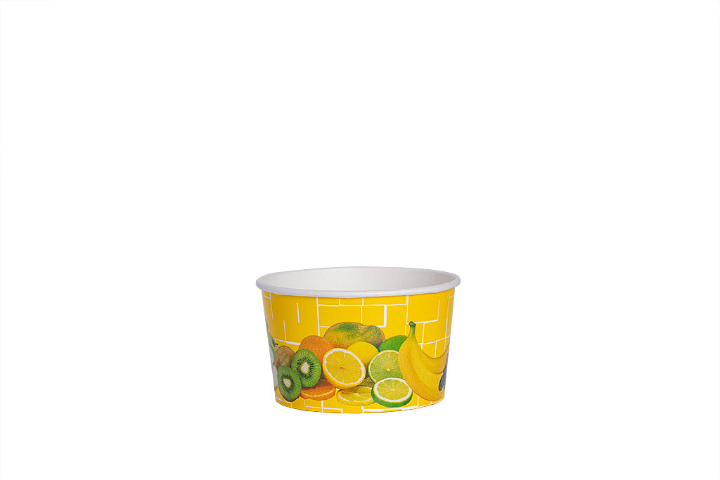 Eisbecher, bedruckt, Früchte Motiv, gelb, 260 ml, Höhe 57 mm, Ø 92 mm