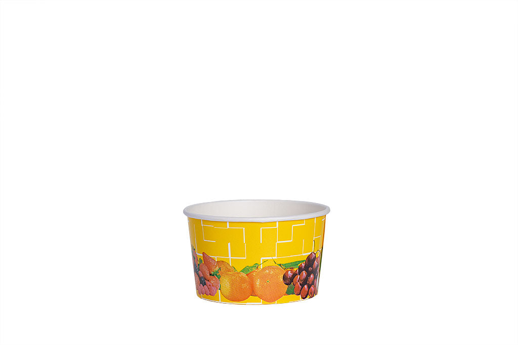 Eisbecher, bedruckt, Früchte Motiv, gelb, 260 ml, Höhe 57 mm, Ø 92 mm
