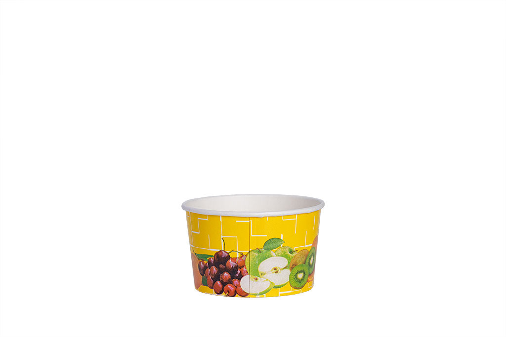 Eisbecher, bedruckt, Früchte Motiv, gelb, 260 ml, Höhe 57 mm, Ø 92 mm